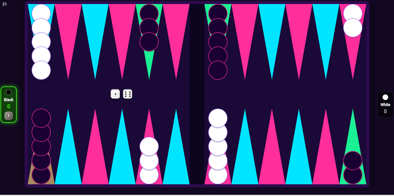 BRAIN BACKGAMMON in play: the neon backgammon board at the start of a game, with the dice showing a 5 and a 1